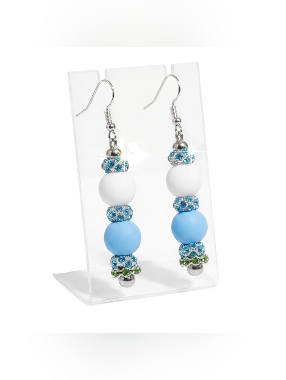 Blue & White Rhinestone Beaded Drop Earrings - 925 Sterling Silver Hook Earrings - Picture 6 of 11